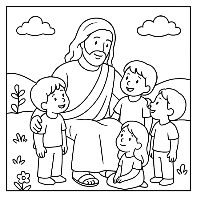 Jesus e as crianças para colorir